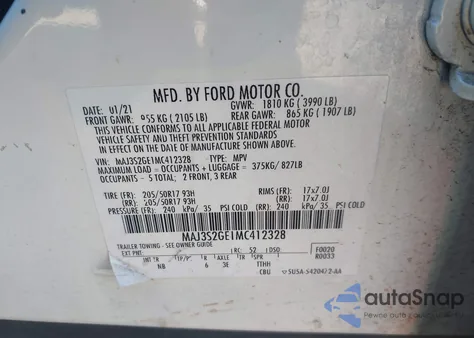 2021 Ford Ecosport Se из США, поврежденный, VIN MAJ3S2GE1MC412328